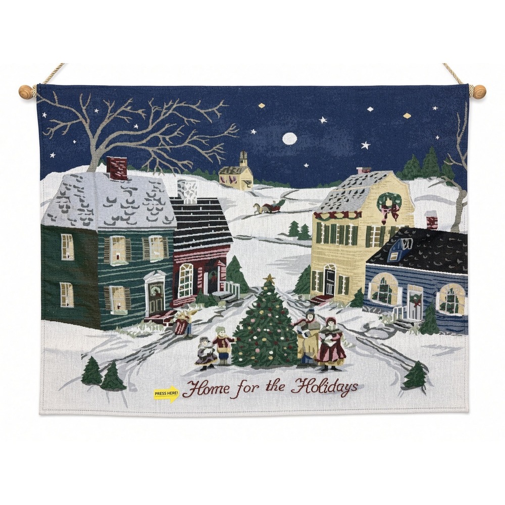 Vintage Home for the Holidays Woven Tapestry Light Up Christmas Village Wall Art